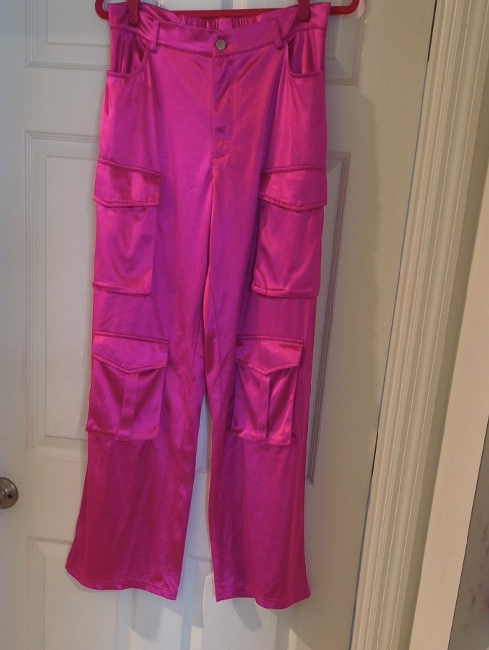 Hot Pink Cargo Satin Wide-Leg Pants